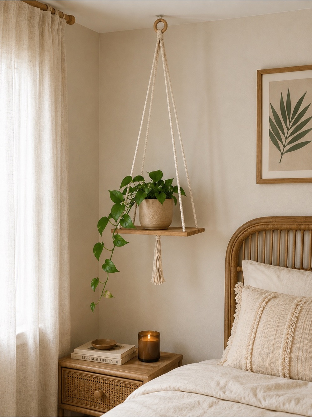 Natural Wood Hanging Shelf with Cream Macrame